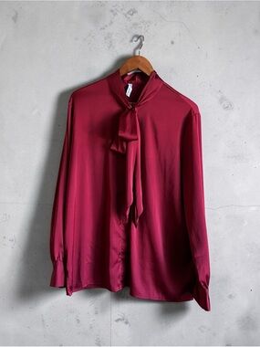 Women's Satin Tie-Neck Blouse in Burgundy